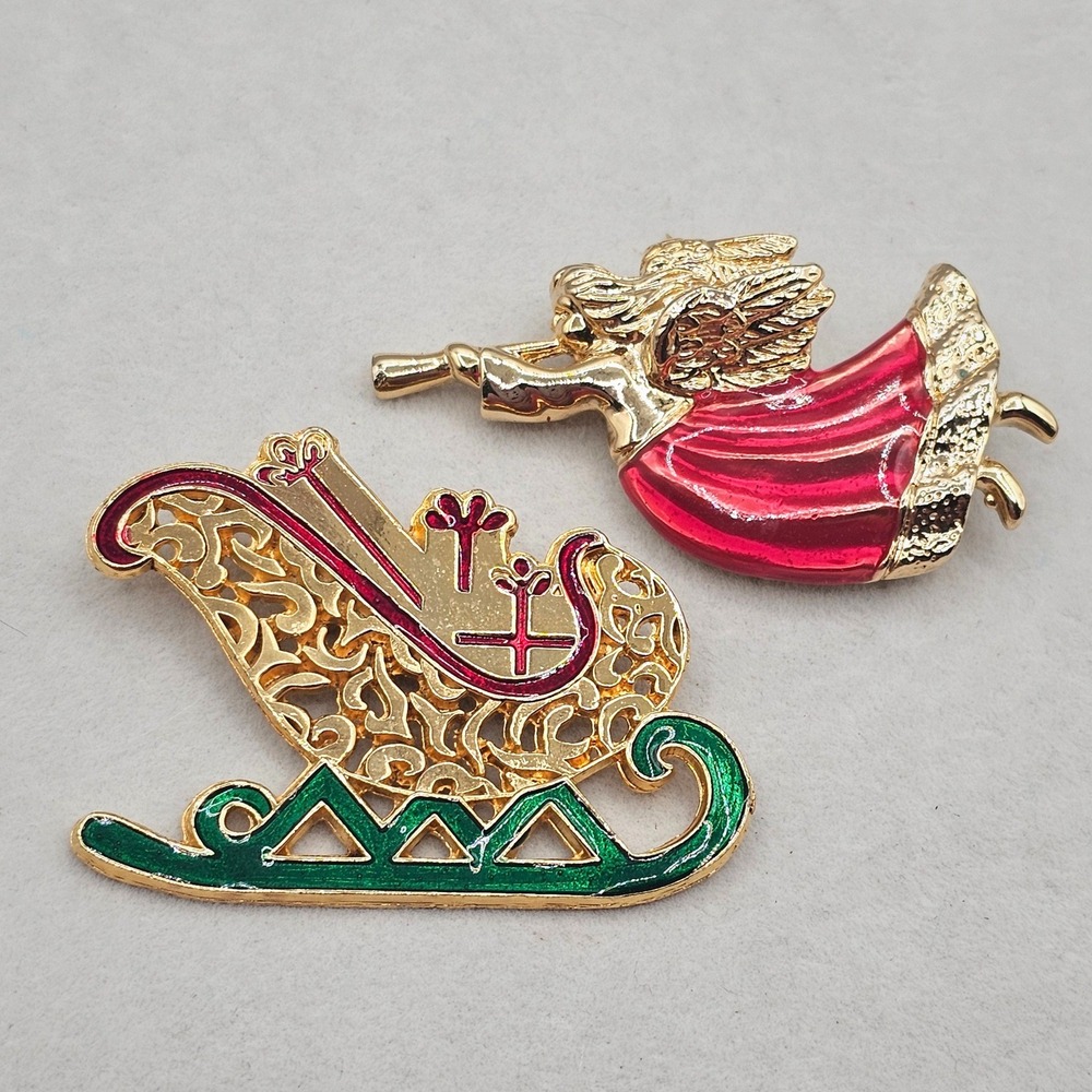 Vintage Christmas Brooch Set Gold Tone Herald Angel Sleigh Enamel Festive Faith